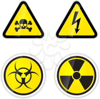 Set of four bright warnings signs for high voltage, radiation, biohazard and poison isolated on white