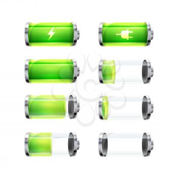 Set of glossy battery icons with different charge level and power signs isolated on white