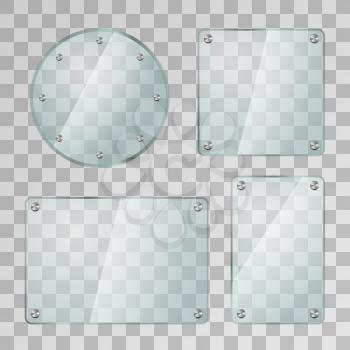 Realistic glossy glass plates in different shapes with metal screws on transparent background