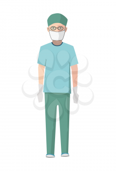 Surgeon in green medical uniform and white gloves, flat character isolated on white