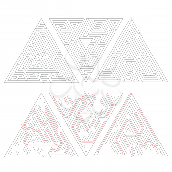 Three different complicated triangle labyrinths with red path of solution isolated on white.