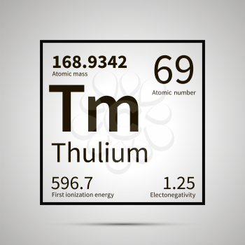 Thulium chemical element with first ionization energy, atomic mass and electronegativity values ,simple black icon with shadow on gray