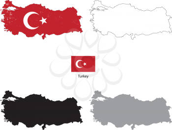Turkey country black silhouette and with flag on background, isolated on white