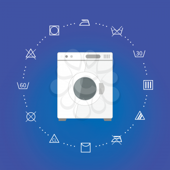 White wash machine with laundry icons on blue, square illustration