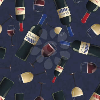 Bottles and glasses of red and white wine on blue grunge background, seamless pattern