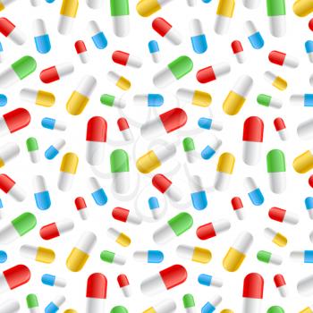A lot of colourful pills capsules on white, seamless pattern