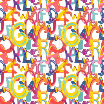 A lot of hand-drawn cute childish letters on white, seamless pattern