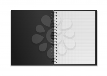 Black open realistic spiral notebook mockup with square grid sheets isolated on white