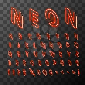 Bright red neon letters. Neon letters font on transparent background. Letters compiled from neon tubes. Realistic neon letters in isometric view.