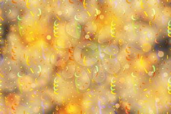 Bright yellow magic light with serpantin and confetti, abstract new year background