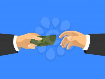Businessman's hands taking cash money, flat illustration on blue background