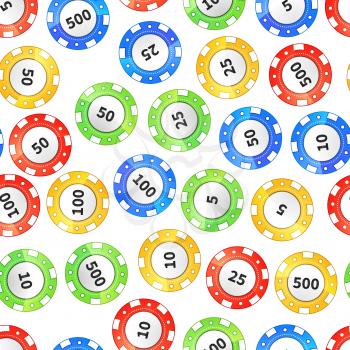 Colorful casino chips isolated on white seamless pattern