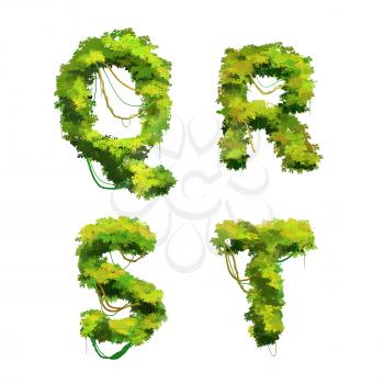 Cute cartoon tropical vines and bushes font isolated on white, Q R S T glyphs