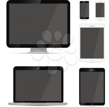 Display, laptop, tablets and phones mockups templates isolated on white