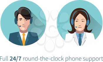 Full round-the-clock phone support flat icons isolated on white