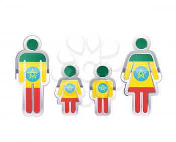 Glossy metal badge icon in man, woman and childrens shapes with Ethiopia flag, infographic element isolated on white
