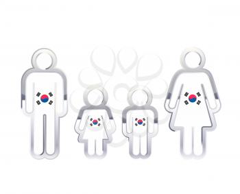 Glossy metal badge icon in man, woman and childrens shapes with South korea flag, infographic element isolated on white
