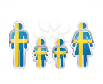 Glossy metal badge icon in man, woman and childrens shapes with Sweden flag, infographic element isolated on white