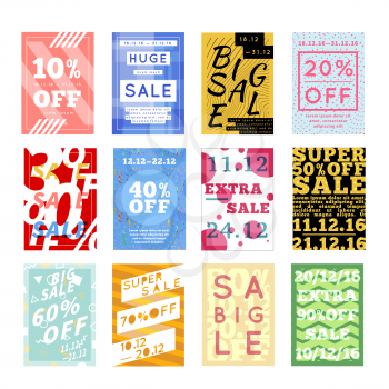 Large set of bright colorful sale flyers with different discount offers isolated on white