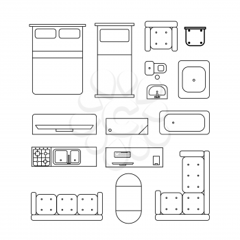 Large set of home furniture, simple black outline icons on white