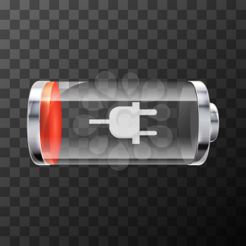 Low level bright glossy battery icon with charging symbol on transparent background