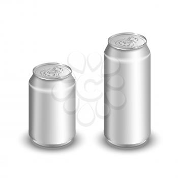 Mock up of aluminum can. Two aluminum cans isolated on white. Blank aluminum can. Aluminum cans for soda and beer.