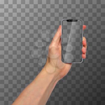 Photorealistic vector hand with modern frameless smartphone on transparent background