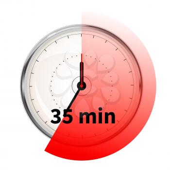 Realistic clock face with thirty five minutes timer on white