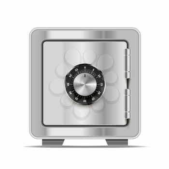 Realistic safe made from bright glossy metal steel with lock on white