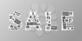SALE banner made up from realistic different barcodes stickers on gray background