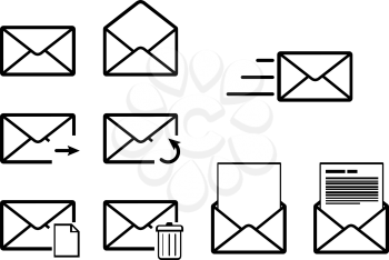 Set of envelope outline icons for mail interface isolated on white