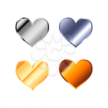 Set of glossy simple heart icons made from different metals isolated on white