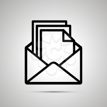 Simple black icon of open envelope with pile of documents inside with shadow on light background