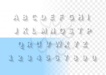 Transparent letters with long shadow. Font with full latin alphabet and numbers.