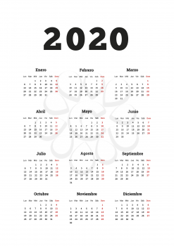2020 year simple calendar in spanish, A4 size vertical sheet on white