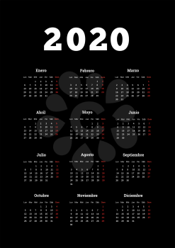 2020 year simple calendar in spanish, A4 size vertical sheet on black