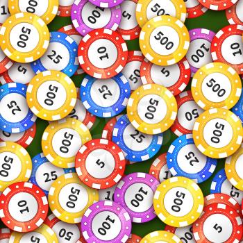 A lot of different colorful casino chips on green cloth, seamless pattern