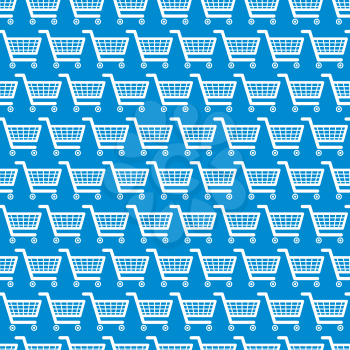 A lot of white shopping carts on blue, seamless pattern