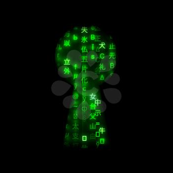 Black keyhole shape with matrix symbols. Computer security concept illustration.