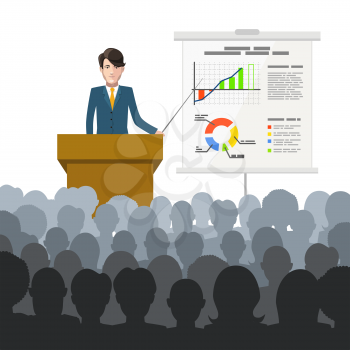 Businessman holds a lecture to an audience with finance charts on placard, flat illustration on white