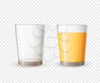 Empty realistic glossy glass and full of orange juice on transparent