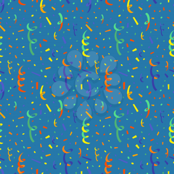 Exploding party popper with colorful serpentine and confetti, flat seamless pattern on blue background
