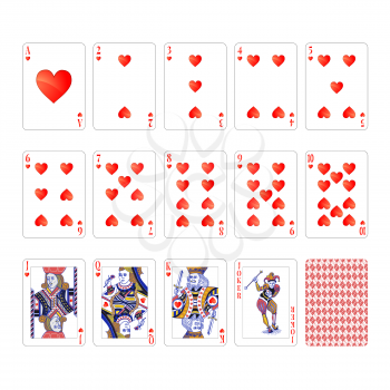 Full set of hearts suit playing cards with joker on white
