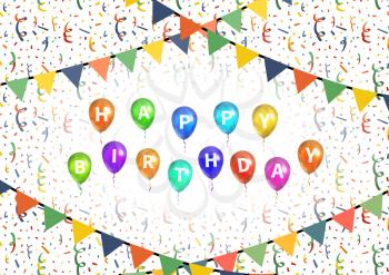 Happy birthday party background with balloons, buntings garlands and confetti on white