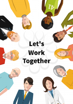 International group of people working in team, flat illustration on white background a4 paper size format