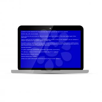 Laptop with BSOD error isolated on white. Operation system crash.