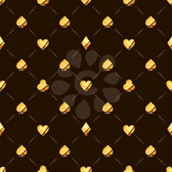 Luxury casino seamless pattern with bright glossy golden card suits icons like hearts, diamond, spades on brown
