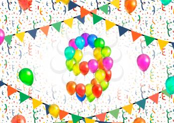 Number nine made up from bright colorful balloons on white background with confetti