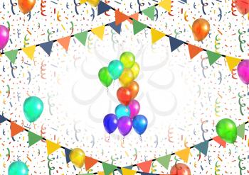 Number one made up from bright colorful balloons on white background with confetti