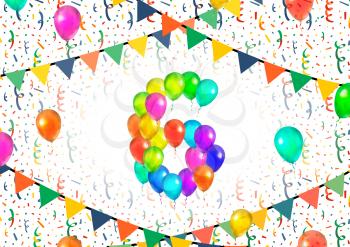 Number six made up from bright colorful balloons on white background with confetti